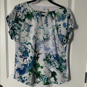 Calvin Klein Women's Abstract Floral Blouse - Blue and Green